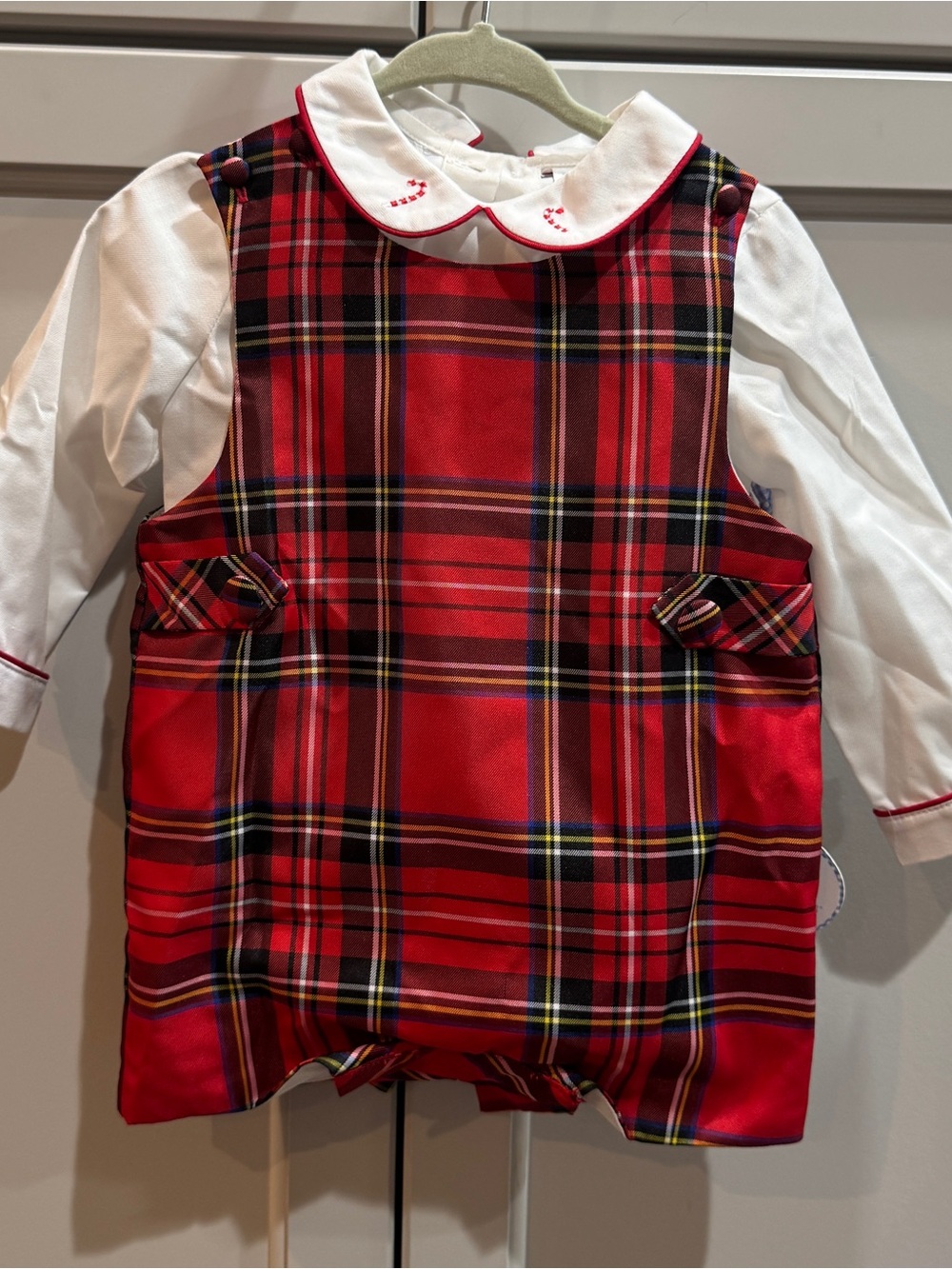 Red Tartan Plaid Baby boy Romper with White Peter Pan Collar
